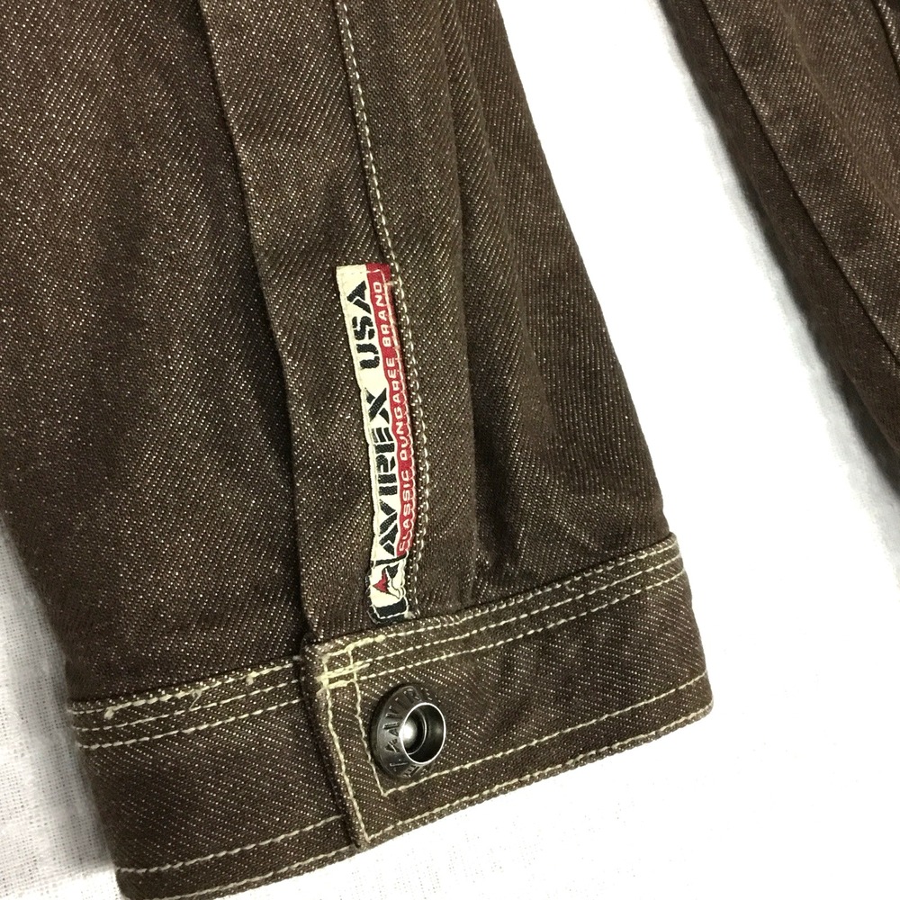 Avirex USA Mens XXL Brown Cotton Denim Trucker Jacket Embroidered Logo Vintage - Picture 10 of 13
